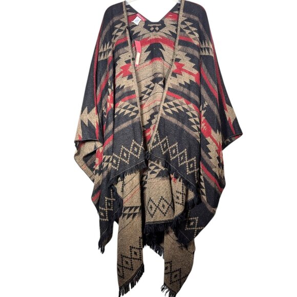 Merona Southwestern Poncho Wrap Shawl Faux Fur Collar One Size - Picture 5 of 9